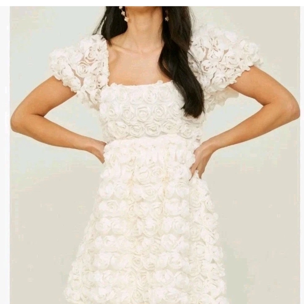 Alterxd States Krystal Rosette Mini Dress Party Wedding Shower 3D Texture Ivory